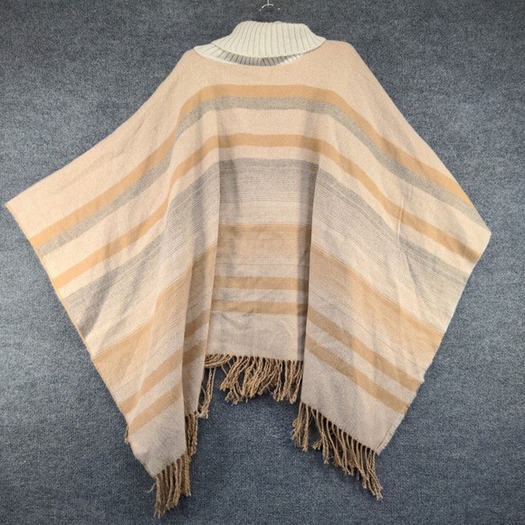 Vince Camuto Women's Turtleneck Poncho Sweater Tan One Size Striped Fringe - Picture 5 of 11